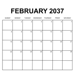 february 2037. monthly calendar design. week starts on sunday. printable, simple, and clean vector design isolated on white background.