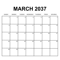 march 2037. monthly calendar design. week starts on sunday. printable, simple, and clean vector design isolated on white background.