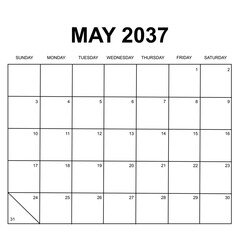 may 2037. monthly calendar design. week starts on sunday. printable, simple, and clean vector design isolated on white background.