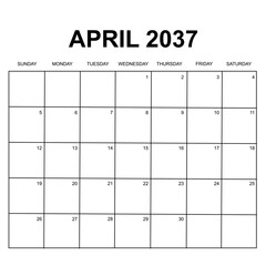april 2037. monthly calendar design. week starts on sunday. printable, simple, and clean vector design isolated on white background.