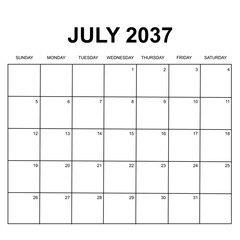 july 2037. monthly calendar design. week starts on sunday. printable, simple, and clean vector design isolated on white background.
