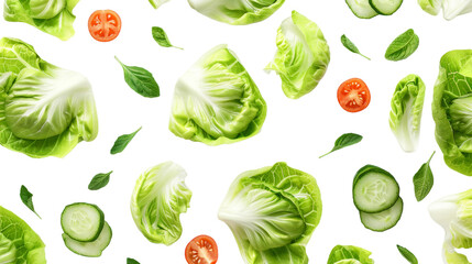 Layout of whole and sliced green lettuce, cucumber, and red tomatoes on a clean white space
