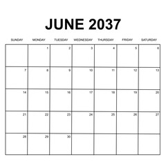 june 2037. monthly calendar design. week starts on sunday. printable, simple, and clean vector design isolated on white background.