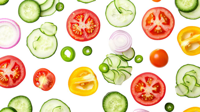 Assorted fresh vegetables cut into slices, arranged on a white background, with vibrant colors
