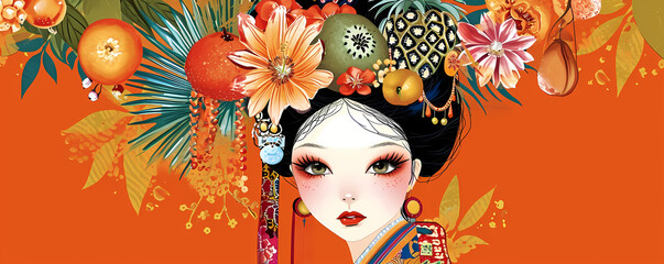 Beautiful girl with exotic hairstyle of flowers, fruits and tropical leaves wearing traditional costume. Abstract surreal portrait of asian woman. Illustration for wallpaper, interior poster