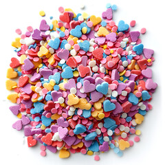 Fototapeta na wymiar stack of Pink yellow and many colors heart-shaped sprinkles. Valentine's Day background different colors of chewing gum and candy in the shape of a heart background of sweets things.