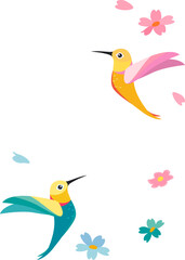 Hummingbird with flower clip vector art on white background isolation bird yellow, pink, green, blue, orange 