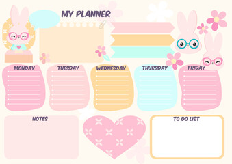 Notes Cute daily planer with kawaii bunny animals characters on white background, notes, to do, reminds weekly planner with rabbit and flower set icons for notes