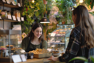 Friendly Interaction at Cozy Plant-Decorated Cafe