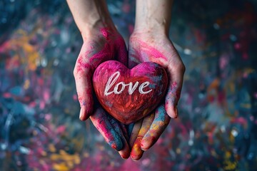 Hands of a young woman with painted red heart with word love on a grunge background. - obrazy, fototapety, plakaty