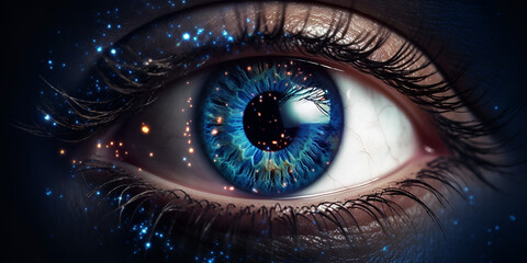 Eye new world future tech Futuristic vision science and identification concept Close-up of a Human Eye Surrounded by Futuristic Cyberspace Elements Depicting Advanced Cyber Technology.