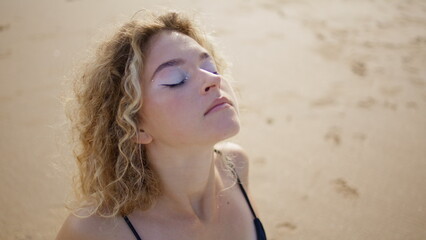 Calm girl relaxing beach enjoying sunny weather close up. Portrait trendy woman 