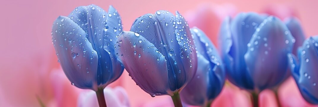 Bouquet of blue tulips with water drops on a pink background.