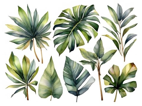 Fototapeta Watercolor illustration set of tropical leaves. Banner with exotic summertime motif. isolated on white background