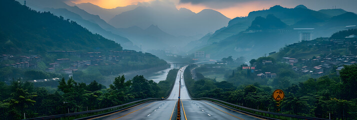 Chongqing Highway Construction,
Mountain landscape at dusk asphalt curves ahead adventurous driving
