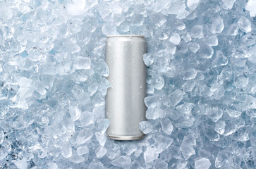 Flat lay of cold beverage can with ice cubes. Summer refreshing drink.