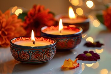 Obraz premium Beautiful burning candles with flowers and bokeh lights on background