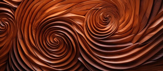 Fototapeta na wymiar A closeup of a chocolate swirl on a wooden table, creating a mesmerizing pattern in shades of brown and magenta. The rich ingredient looks like a piece of art on the hardwood surface