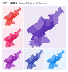 North Korea map collection. Country shape with colored regions. Deep Purple, Red, Pink, Purple, Indigo, Blue color palettes. Border of North Korea with provinces for your infographic.