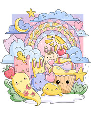 Kawaii sweet animal love on pink background for t shirt . Inspirational quote card, invitation, banner, lettering, poster. Cartoon hearts, star, clouds, strawberry, pink, yellow, blue doodle design