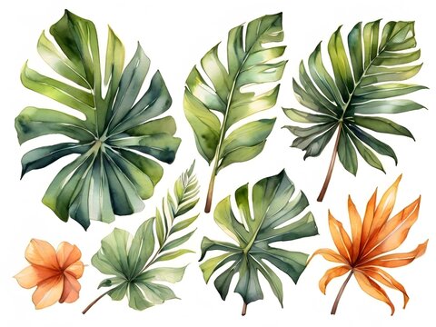 Fototapeta Watercolor illustration set of tropical leaves. Banner with exotic summertime motif. isolated on white background