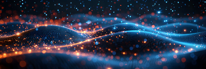 Illuminated Blue Dots Illustration ,
Futuristic blue wave pattern data technology illustration on a dark background