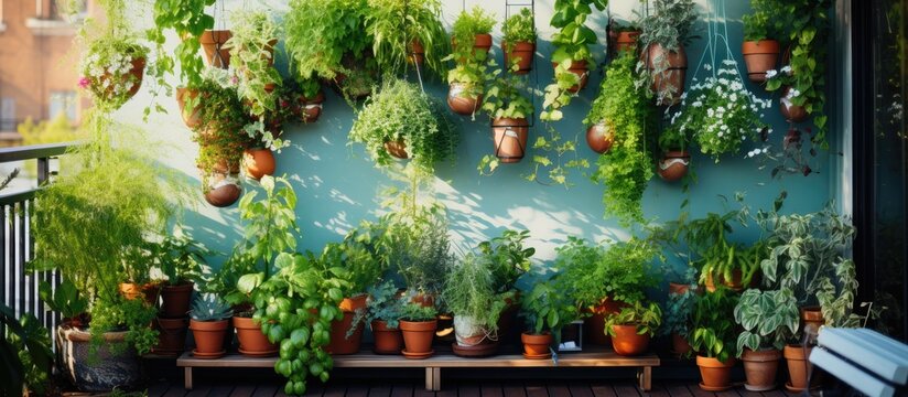Plants hung in pots on a terrace.