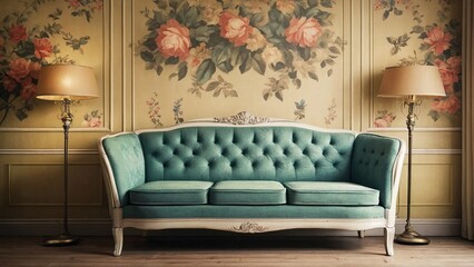 Visualize vintage Americana wallpaper adorning the walls, featuring a patchwork of nostalgic patterns that complement a cozy sofa in a room, creating a timeless and inviting ambiance.