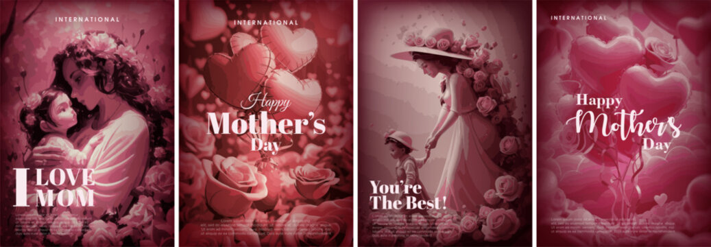 Happy mothers day set cover, banner illustration for greetings and celebrations on Mother's Day. Premium modern and charming vector background design.