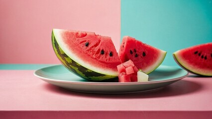 A slice of watermelon on a plate on a pink background. Food Photography