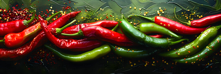 Red and Green Chilli Peppers,
Colorful mix of chili pappers on black background - obrazy, fototapety, plakaty