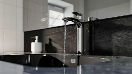 Modern Bathroom with Sleek Faucet and Basin, Showcasing Clean Lines and Hygienic Design, Perfect for a Contemporary Home