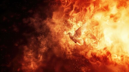 Holy spirit, Dove in flames. White dove on fire background with copy space. 