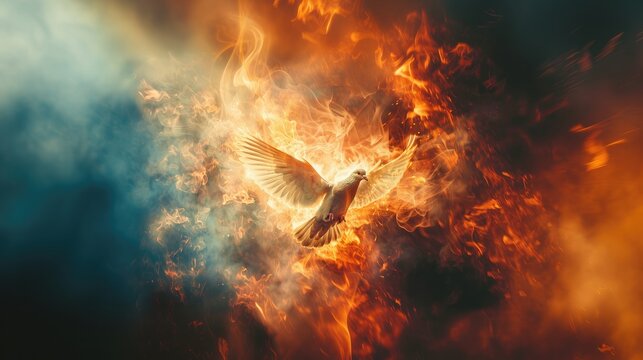 Holy spirit, Dove in flames. Dove flying in the air on a background of fire and smoke.