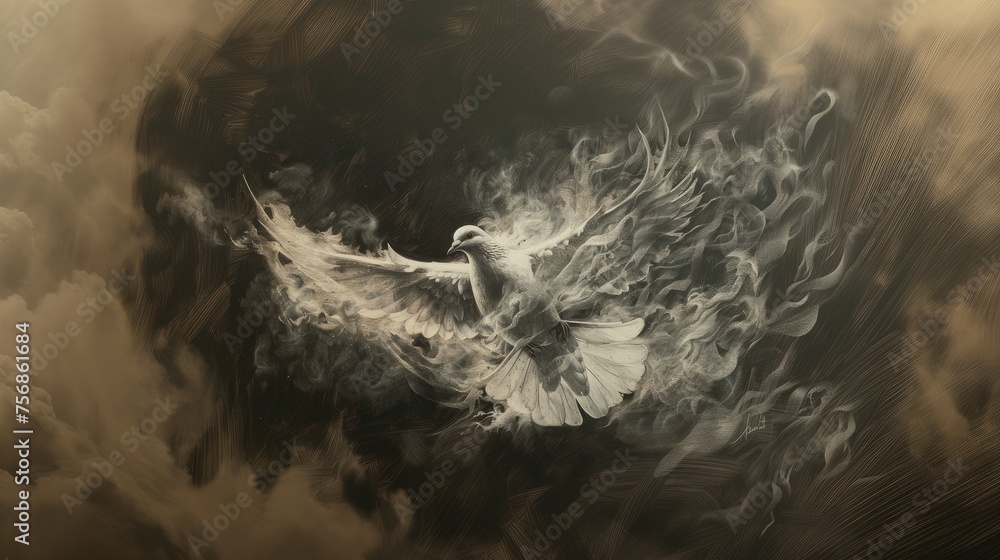 Poster holy spirit, dove in flames. white dove flying in the sky with smoke and fire effect. black and whit