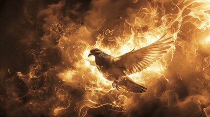 Holy spirit, Dove in flames. White dove flying on golden fire background. 3d rendering illustration. - obrazy, fototapety, plakaty
