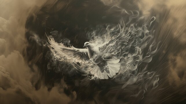 Holy spirit, Dove in flames. White dove flying in the sky with smoke and fire effect. Black and white.