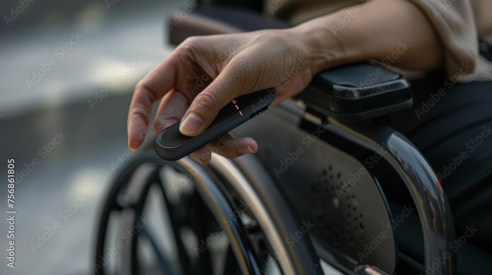 Poster a persons hand holds a small sleek device with a fingerprint scanner on the side. the device is atta