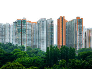 A collection of tall buildings photographed from afar, backgrount transparant