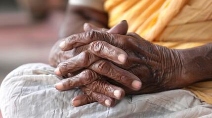A senior's hands placed in a gentle yoga pose, promoting relaxation and stress relief
