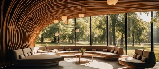 Summer Pavilion Interior with Wooden Walls and Furniture