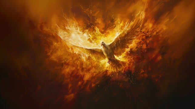 Holy spirit, Dove in flames. White dove in fire flames. Fire background. Digital illustration.