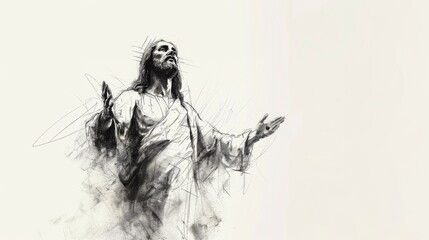 Jesus Christ, digital illustration of Jesus Christ on white background. Monochrome.