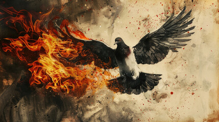 Holy spirit, Dove in flames. Dove flying in the air with fire on the background.