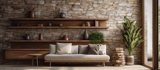 Room with Stone Wall and Wooden Decor, Home Interior Design with Bookshelf, Sofa, and Plant Vase