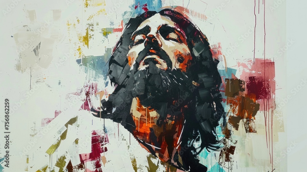 Poster sketch of the face of jesus christ in a modern style. colorful abstract background.