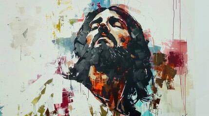 Sketch of the face of Jesus Christ in a modern style. Colorful abstract background.