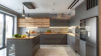 Fototapeta na wymiar Beautiful Grey Modern Kitchen in a Luxury Apartment with Stainless Steel Appliances
