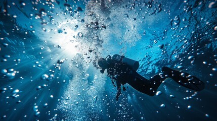 Diver gliding through sunlit water, bubbles rising, in serene ocean depths. - obrazy, fototapety, plakaty