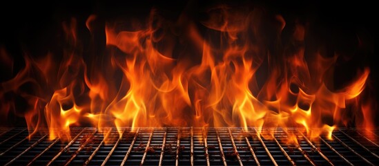 A close up of a grill with flames roaring, heating up the charcoal for cooking. Perfect for...